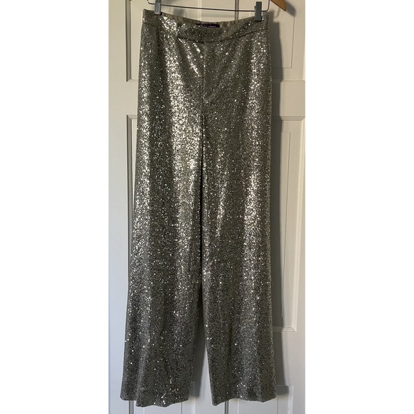 RALPH LAUREN COLLECTION PURPLE LABEL Welles SILVER SEQUIN Wide Leg Pants Size 12 - Picture 4 of 15